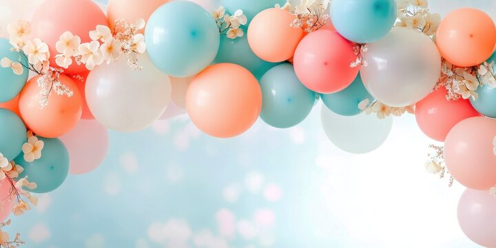 Colorful balloons arch decor and flowers garland for celebrations with soft focus background.