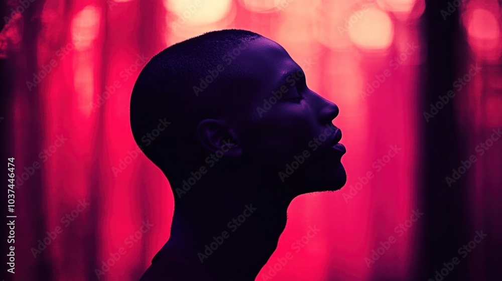 Poster a man stands in profile, illuminated by soft pink and purple hues of twilight. the colorful backdrop