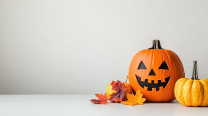 A vibrant Halloween pumpkin with a smiling face sits alongside decorative gourds and colorful autumn leaves on a table, celebrating the festive season in a warm atmosphere