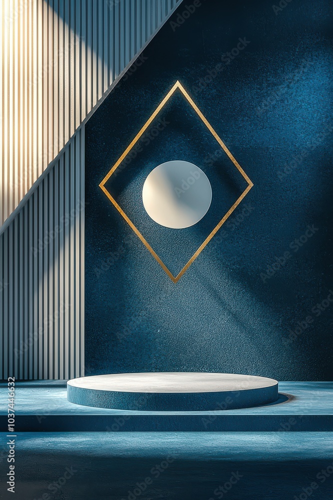Poster minimalist stage design with a blue background featuring a geometric hanging element and circular pl