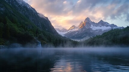 Fototapeta premium Serene Mountain Landscape at Sunrise