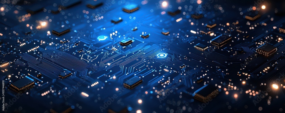 Poster minimalistic blue circuit board background with glowing lines symbolizing technology and digital con