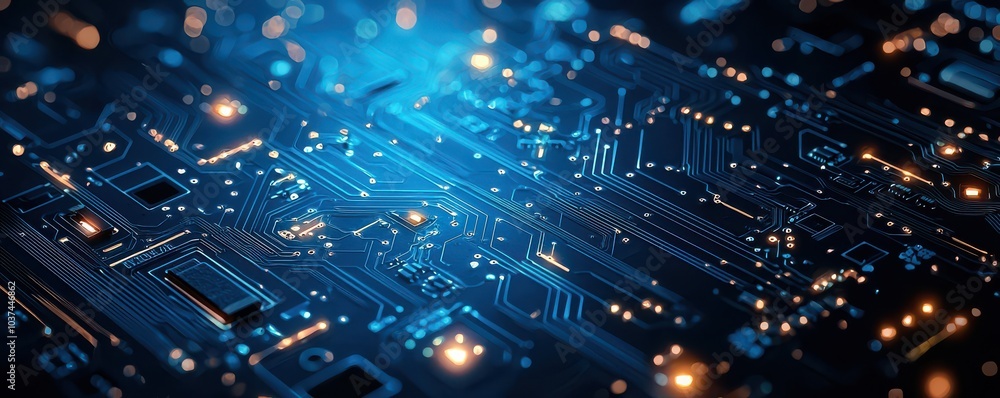 Poster abstract minimalistic blue circuit board background with glowing electronic patterns and digital ele