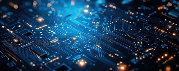 Abstract minimalistic blue circuit board background with glowing electronic patterns and digital elements