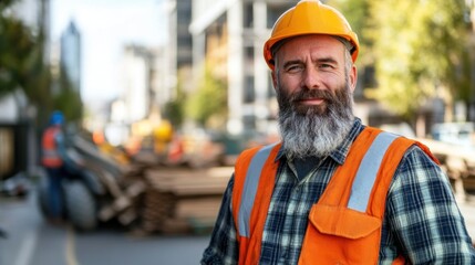 Obraz premium A construction worker stands confidently on an active city street, wearing a hard hat and safety vest, showcasing a strong sense of pride in his work amidst ongoing construction