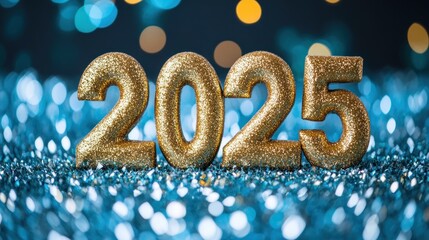 Golden numbers representing 2025 stand out against a shimmering blue backdrop filled with festive lights, creating a cheerful atmosphere for New Year celebrations