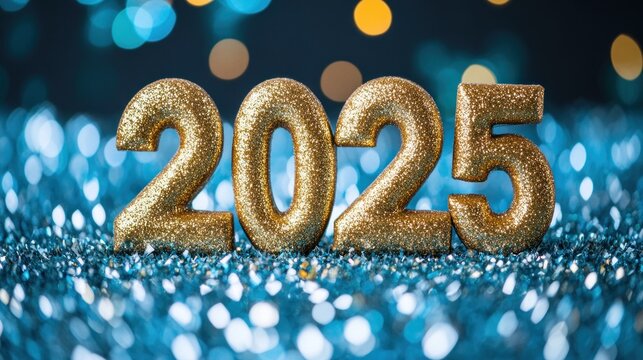 Golden numbers representing 2025 stand out against a shimmering blue backdrop filled with festive lights, creating a cheerful atmosphere for New Year celebrations
