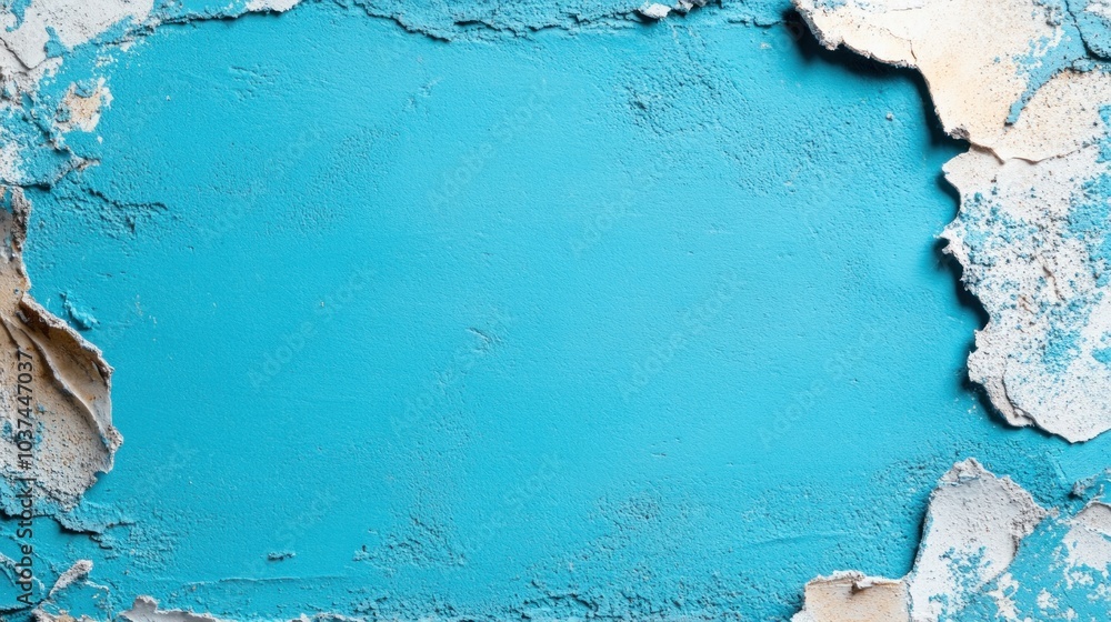 Aufkleber the textured surface shows layers of paint, where sections have peeled back to expose a bright blue 