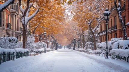 A quiet street is blanketed in fresh snow, while vibrant autumn-colored leaves cling to the trees, creating a picturesque winter wonderland in the historic neighborhood