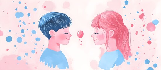 Little boy and girl on a delicate background. Illustration for a gender reveal party. Copy space.