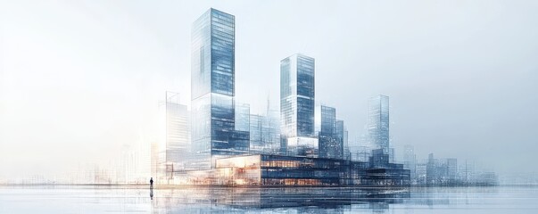 Modern skyscraper buildings with a minimalist design and white background, showcasing urban architecture and futuristic cityscape
