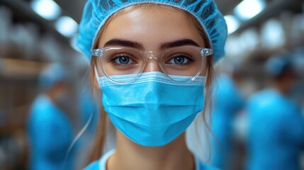 A young healthcare professional with blue scrubs and protective gear stands confidently, ready to provide care. The setting is a well-lit hospital, emphasizing the dedication of medical staff