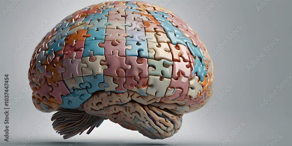 Poster the puzzle of the mind: a 3d rendering of a human brain composed of colorful jigsaw puzzle pieces, s