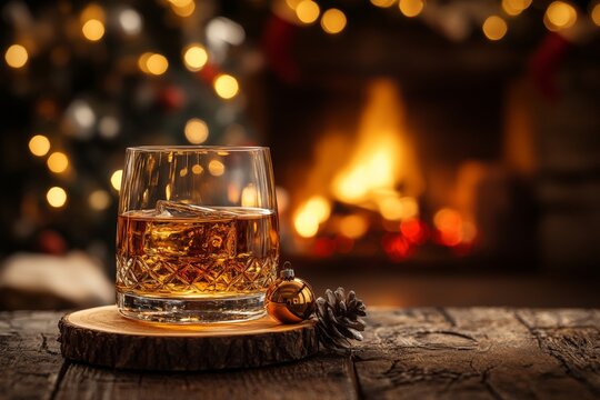 glass of amber whiskey or bourbon, resting on a wooden coaster, with a Christmas ornament hanging on the rim of the glass