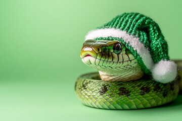 Fototapeta premium Snake wearing green holiday hat isolated over light green background. Concept of Christmas, New Year