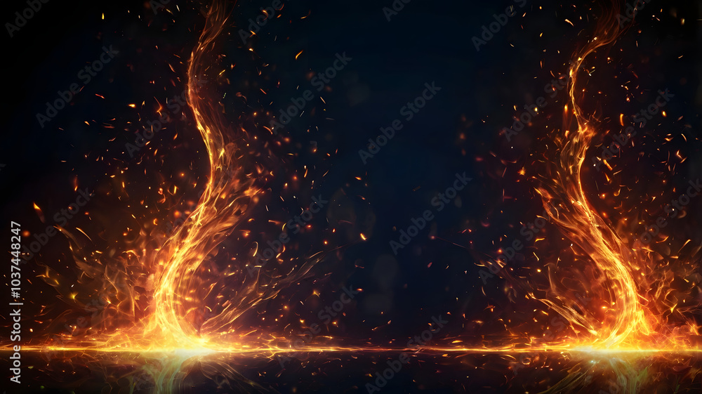 Poster fiery inferno: abstract art of two fiery columns rising from a dark surface, sparks and embers danci