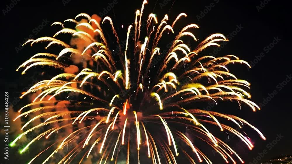 Poster a colorful firework explodes in the night sky, illuminating the dark background with bright sparks a
