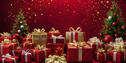 Obraz premium Christmas Gift Pile: A mountain of elegantly wrapped presents in rich reds and golds, nestled between two festively decorated Christmas trees against a sparkling red backdrop.