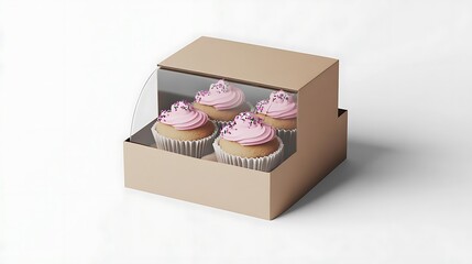 Pink Cupcakes in Cardboard Box with Clear Window