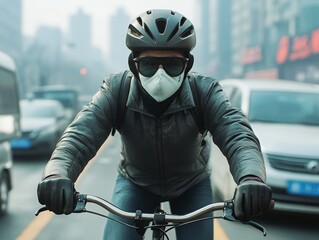 A man on a bicycle wearing a face mask and helmet rides through a city with heavy air pollution.