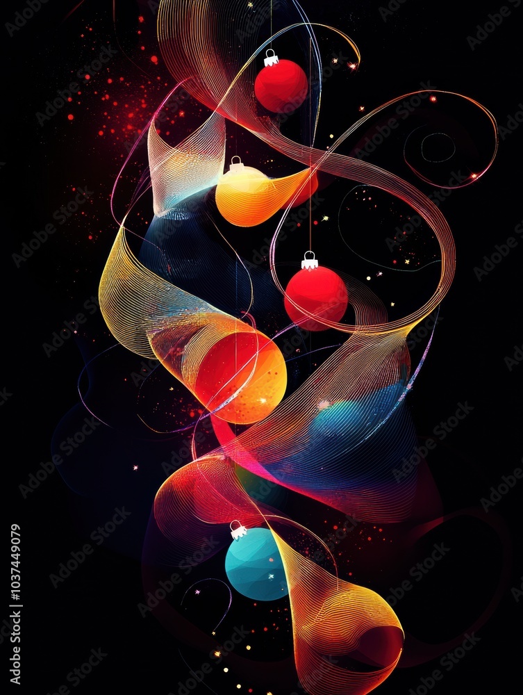 Poster colorful christmas ornaments are elegantly intertwined with vibrant swirling patterns, creating a fe