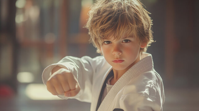 A young boy practicing karate in a dojo, an indoor gym with a blurry background. A handsome kid wearing a white kimono and a black belt