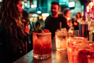 Enjoying vibrant cocktails at a bustling nightlife scene. Bright colors and blurred smiles create a lively atmosphere. Perfect for party lovers. Generative AI