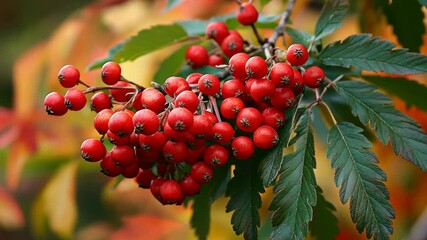 A cluster of red berries hangs from a branch with green leaves in the fall
