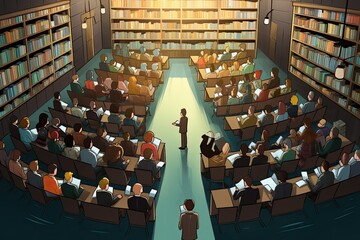 A large audience attentively listens as a speaker presents to them in a library filled with books encouraging participation and discussion among attendees