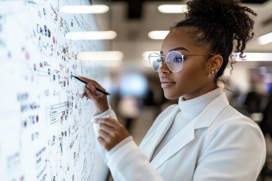 A scientist diligently solving complex equations on a digital board within a futuristic laboratory environment, showcasing innovation and intellect in scientific exploration.