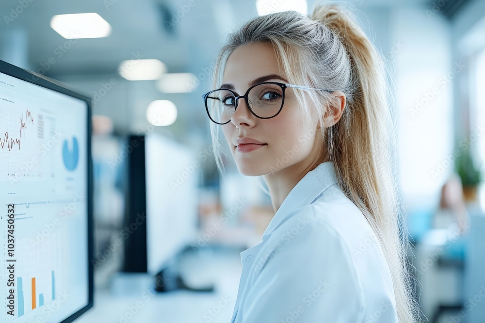 Poster a young woman with glasses works intently on a computer displaying data, representing analytical ski