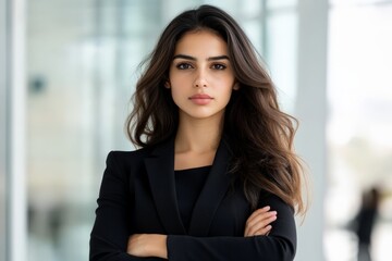 Fototapeta premium A confident woman in a black blazer stands with crossed arms in a modern business environment, reflecting strength and professionalism in a corporate setting.