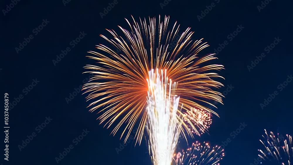 Poster a single firework exploding in a night sky with a trail of smoke.