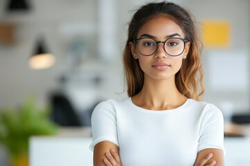 Naklejka premium A confident woman wearing glasses, standing indoors with her arms crossed, displaying determination, focus, and modern style in a professional setting.