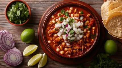 A mouthwatering platter of Mexican pozole, hearty soup with hominy, pork