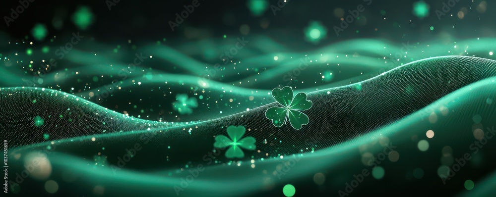 Poster st. patrick's day background with glowing green shamrocks and sparkling lights creating a festive an