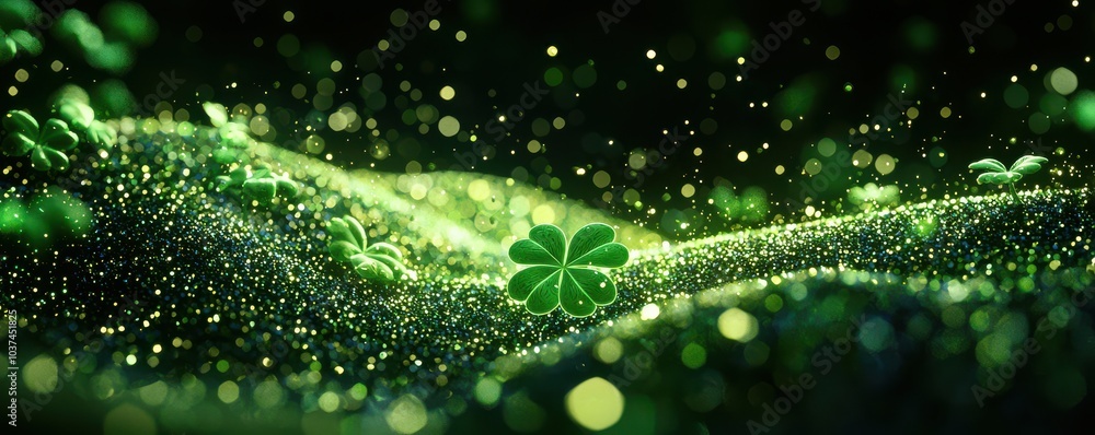 Poster glowing green shamrocks in a vibrant st. patrick's day theme with light bokeh effect creating a fest
