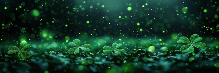 St. Patrick's Day glowing green shamrocks on a vibrant sparkling background celebrating Irish culture and luck
