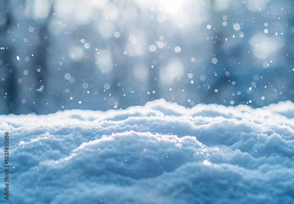 Poster a beautiful background of snow with a blurred forest in the distance, creating an atmosphere of joy 
