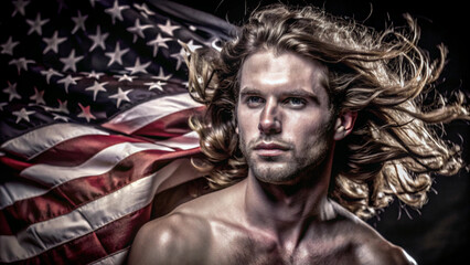 Fototapeta premium American flag, shirtless man, long windswept hair, intense gaze, dramatic lighting, patriotic theme, gritty texture, high contrast, cinematic portrait, rugged masculinity, stars and stripes, moody atm