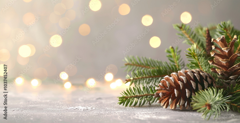 Poster a christmas background with pine branches and lights, with space for copy text. the composition is o