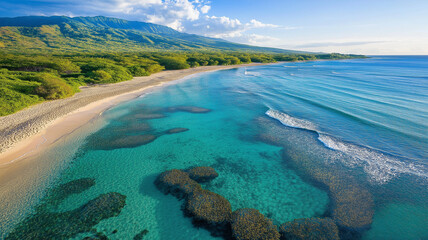 Obraz premium Aerial view of tropical beach with clear turquoise waters and lush greenery