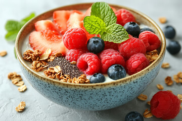 Delicious yogurt bowl topped with fresh berries and granola served on a gray surface