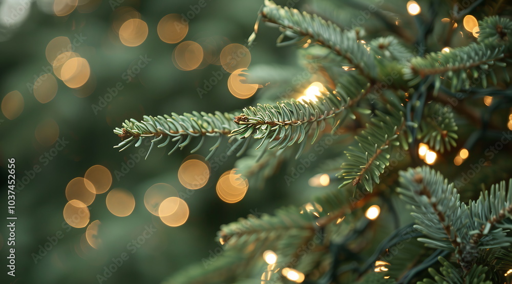 Poster a close up of the branches and leaves of an evergreen tree, with twinkling lights in soft focus behi