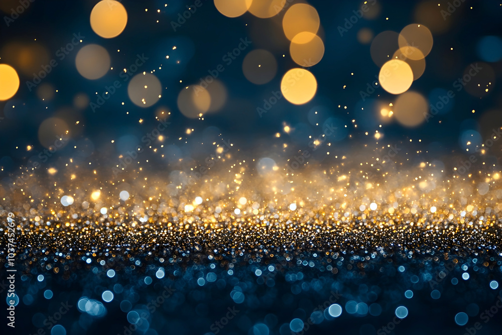 Poster sparkling golden and blue bokeh lights with glittering particles floating against a dark blurred bac