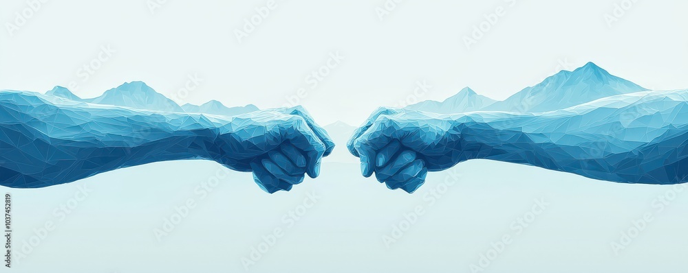 Poster vector art illustration of two fists bumping with a light blue gradient background depicting unity a