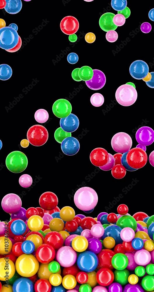Poster multicolored balls falling and fill the screen. vertical video, 3d animation on transparent backgrou