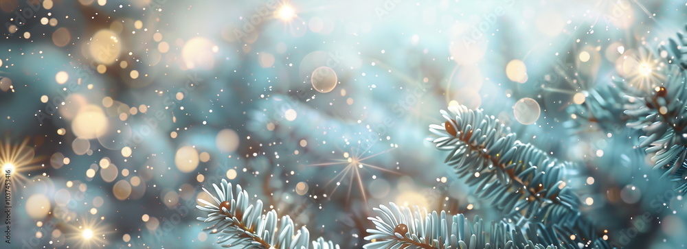 Poster abstract blurred background with snow and christmas tree branches, creating a bokeh effect. snowfall