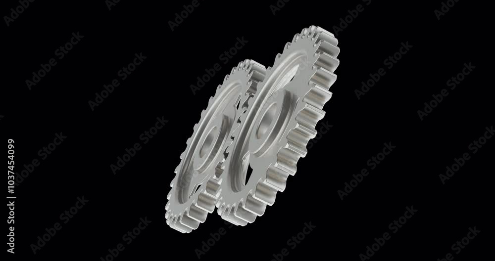 Poster two steel gearwheels rotation, animation seamlessly loopable. 3d rendering isolated on transparent b