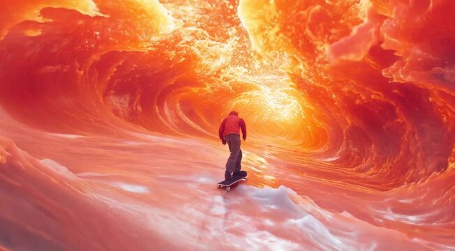 Skater entering an orange tunnel in a sci-fi world